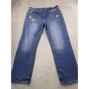 TK Akel Jeans Mens 38x32 Relaxed Straight Med Blue Wash Distressed‎ Thick Stitch